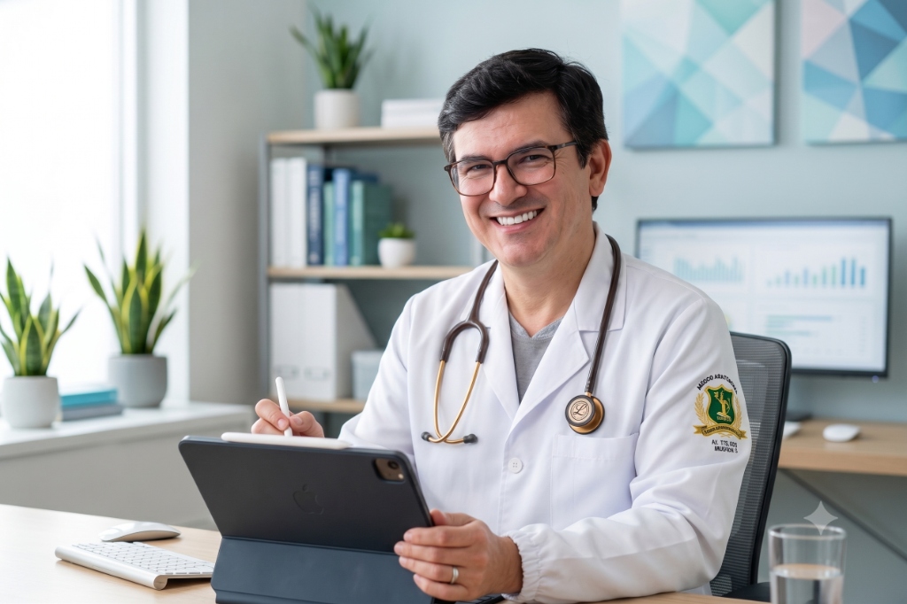 Médico parceiro Click Doutores oferecendo atendimento humanizado por teleconsulta